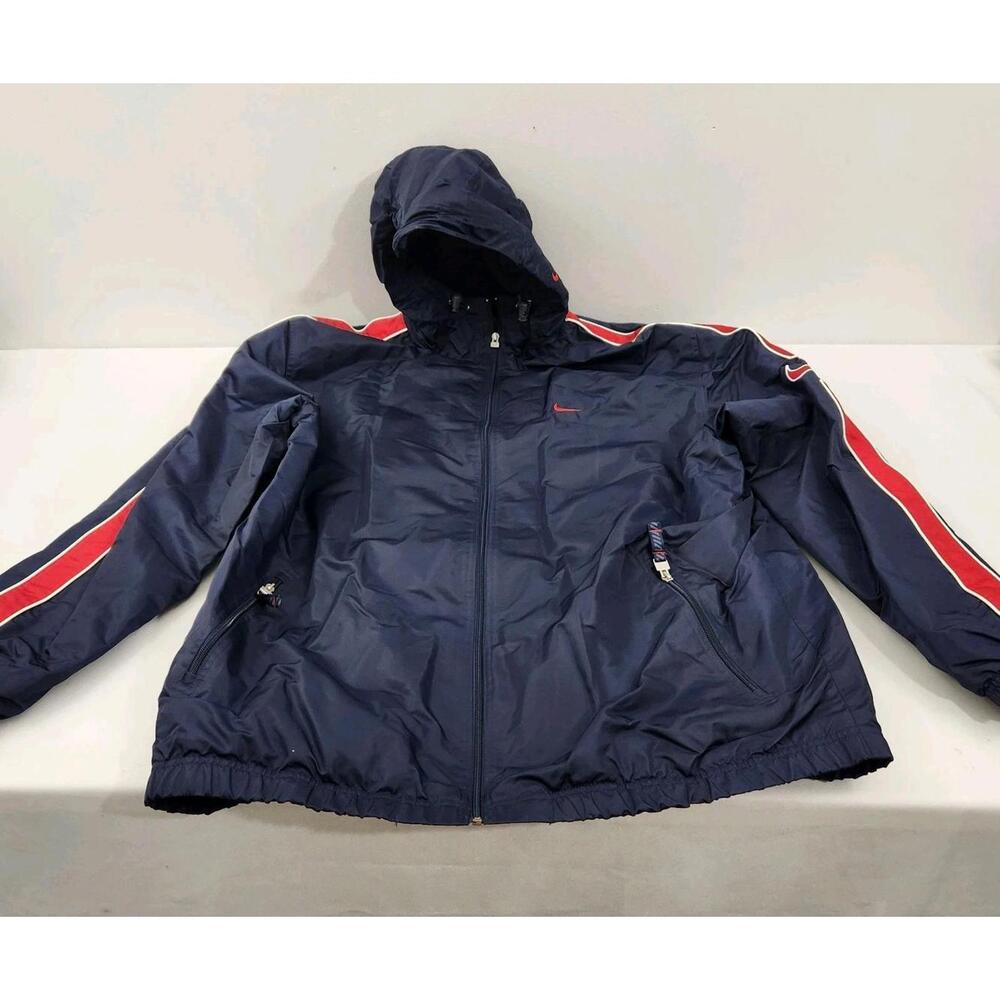 Vintage Nike Men's 2X XXL Padded Nylon Windbreaker Hooded Jacket Zip Navy Red